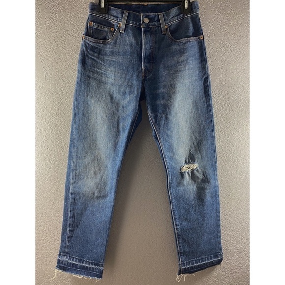 Levi’s 501 Straight Leg Raw Hem Wear & Tear Jeans - Picture 6 of 16